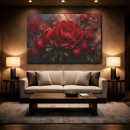 Mockup 2. Ruby Peony Floral shown as canvas print