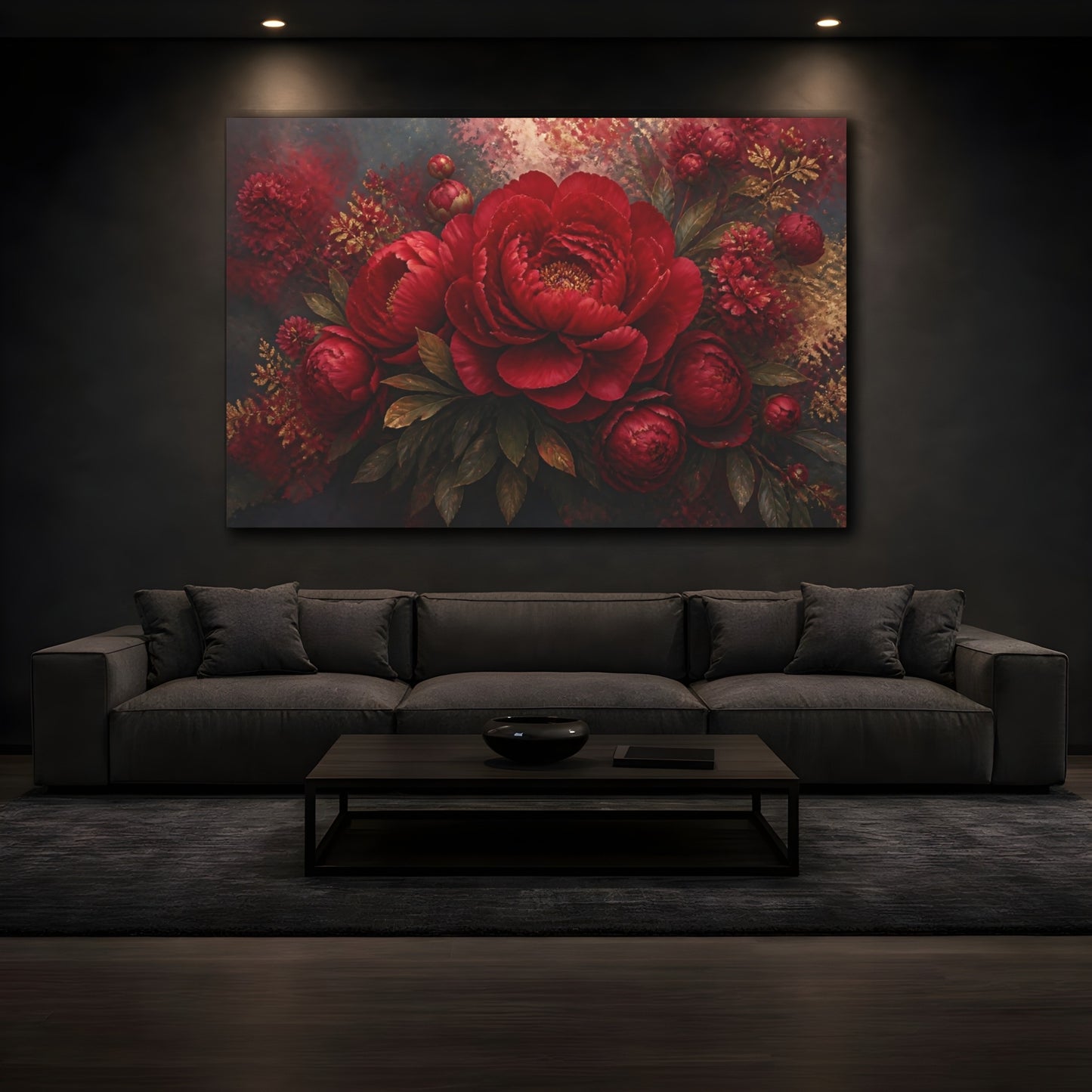 Mockup 3. Ruby Peony Floral shown as canvas print