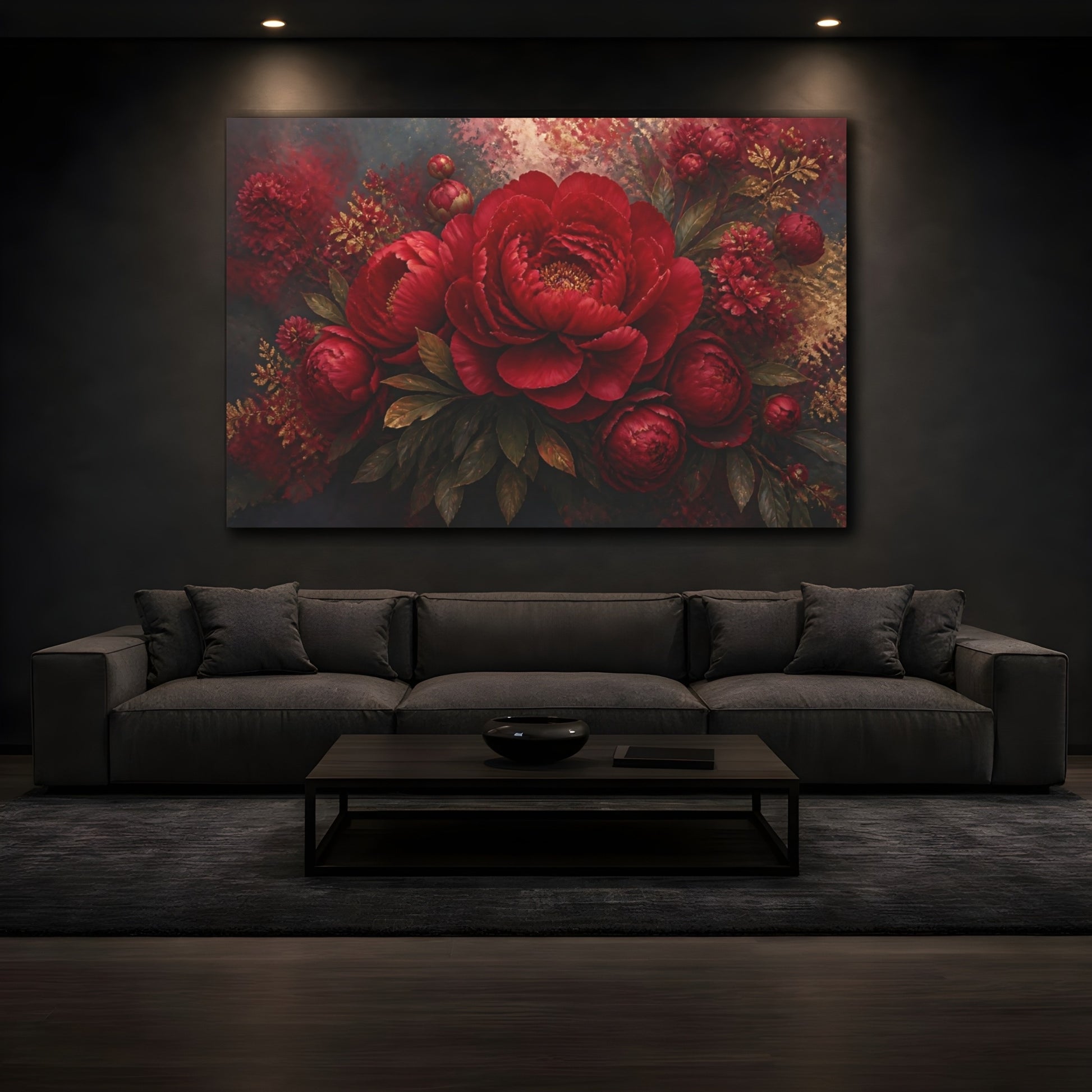 Mockup 3. Ruby Peony Floral shown as canvas print