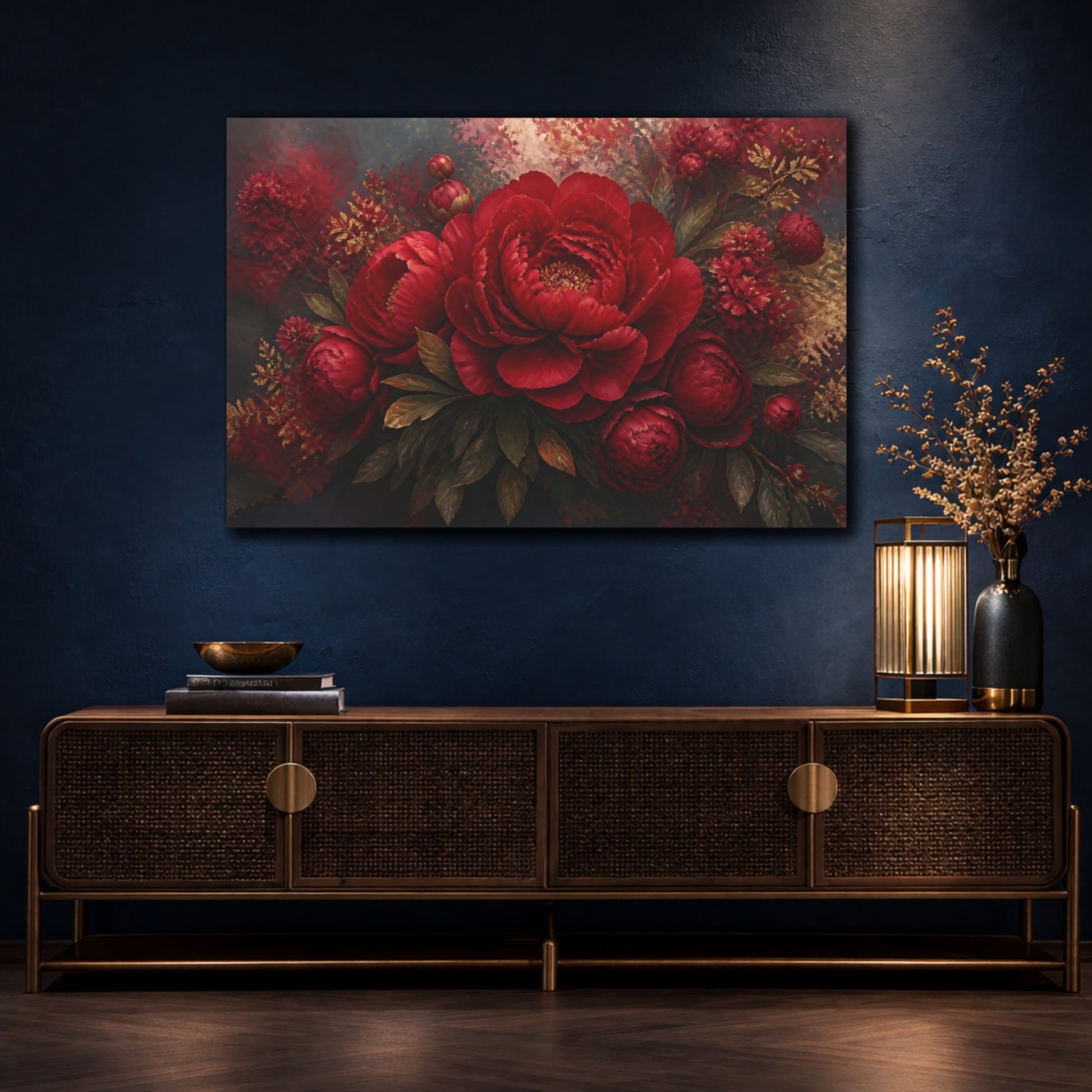 Mockup 4. Ruby Peony Floral shown as canvas print