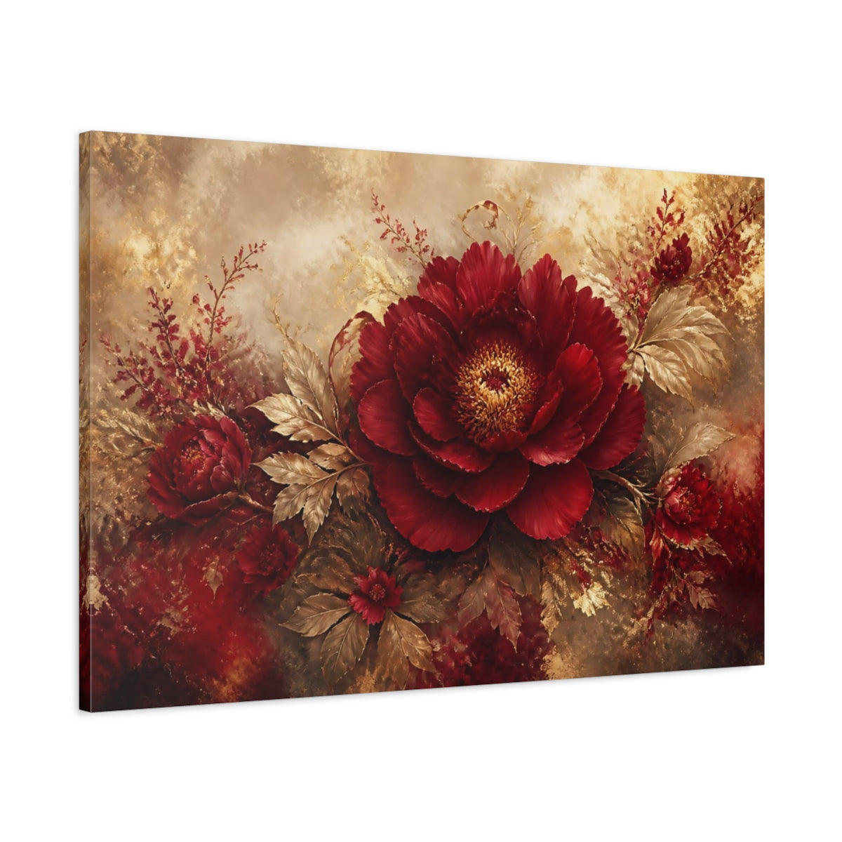 Main Mockup. Ruby Peony In Gold shown as canvas print