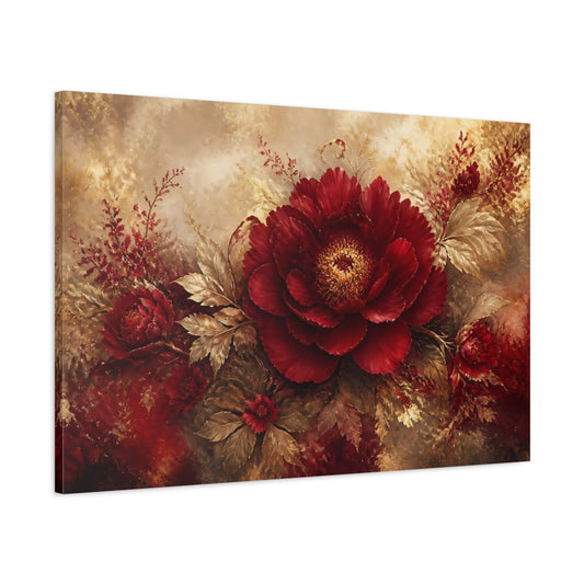 Main Mockup. Ruby Peony In Gold shown as canvas print