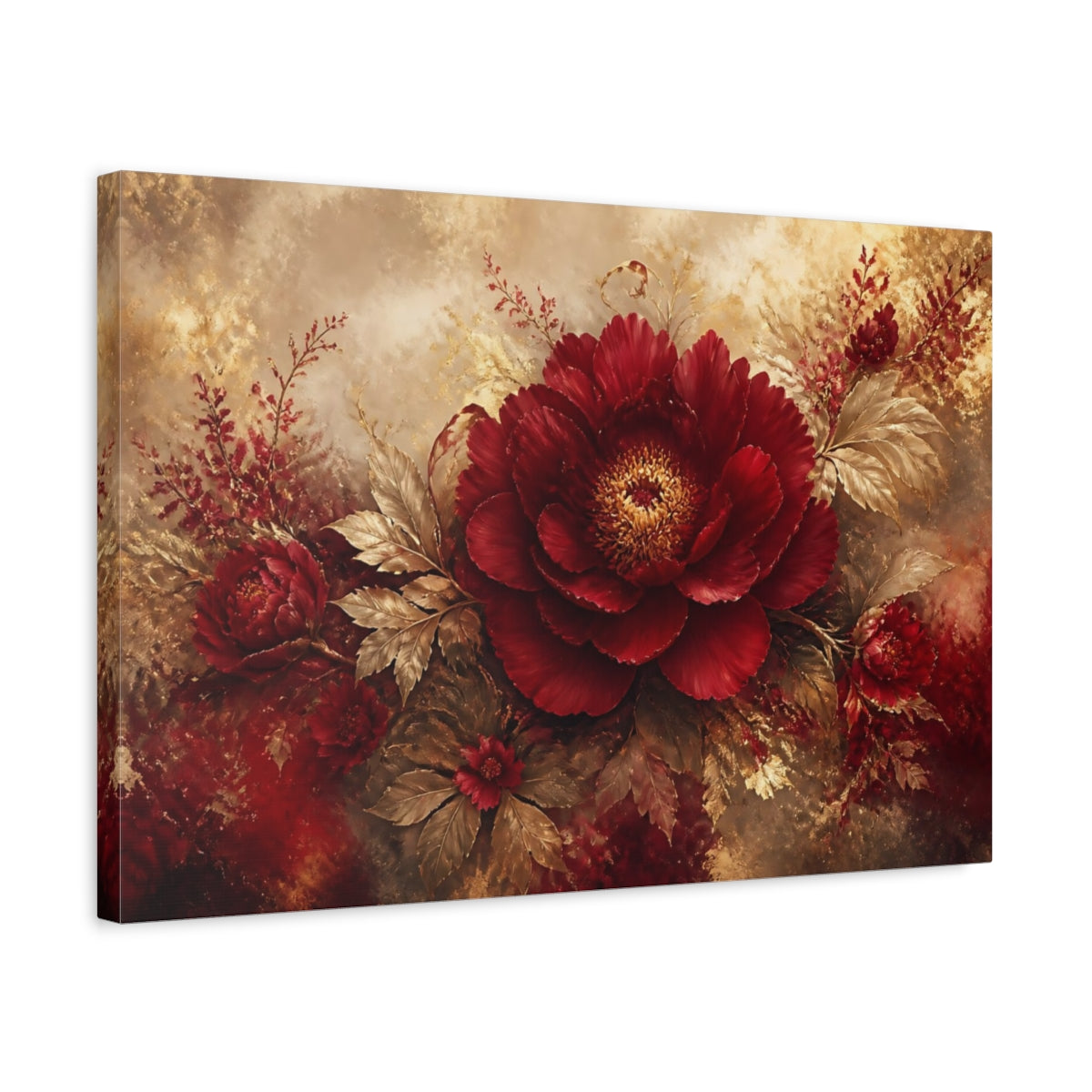 Side Mockup 3. Ruby Peony In Gold shown as canvas print