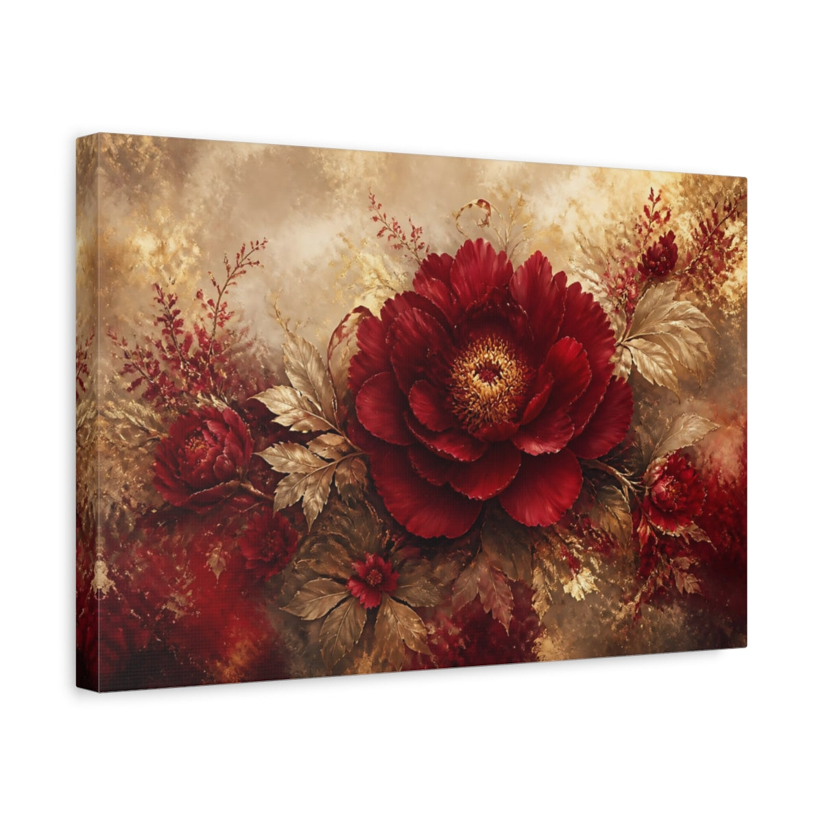 Side Mockup 4. Ruby Peony In Gold shown as canvas print