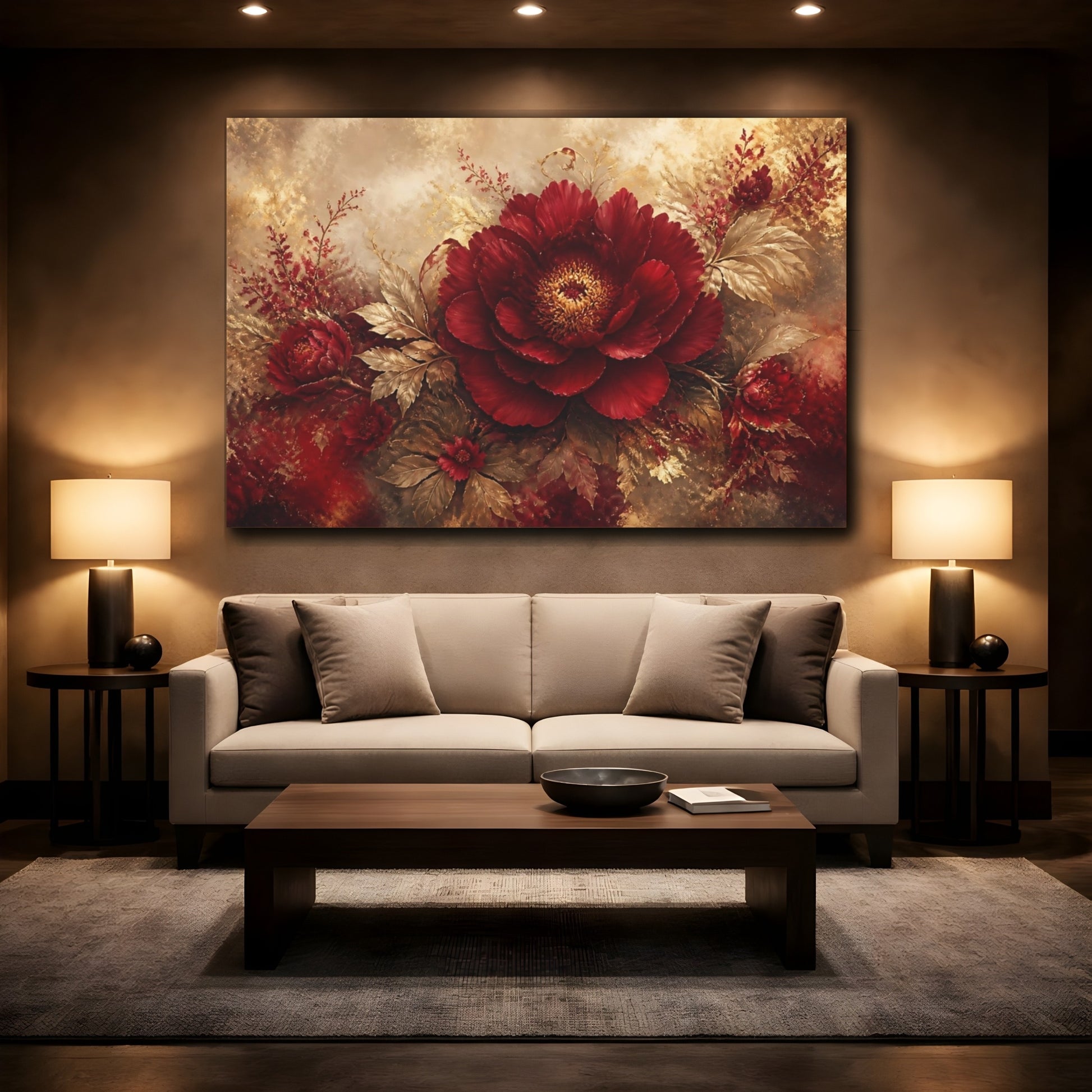 Mockup 2. Ruby Peony In Gold shown as canvas print