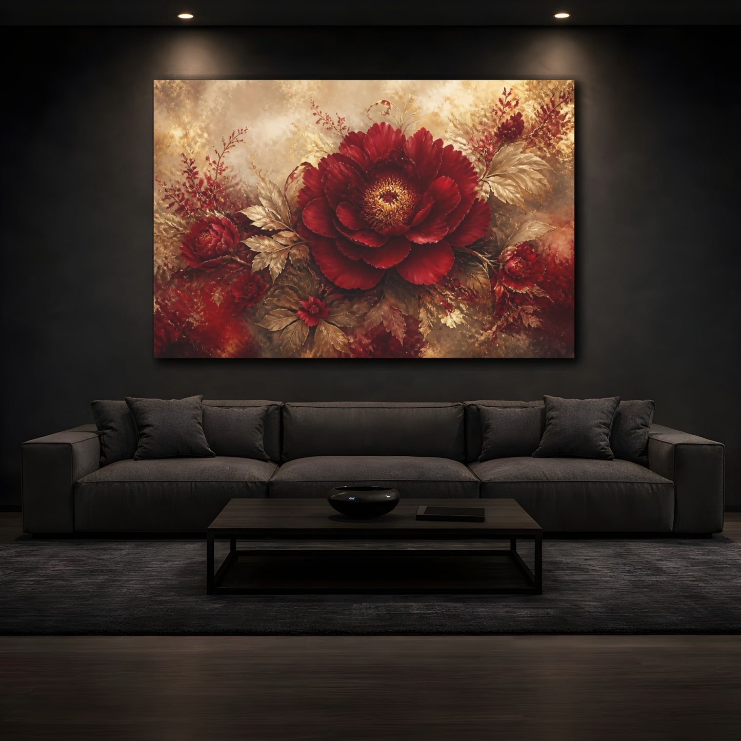 Mockup 3. Ruby Peony In Gold shown as canvas print
