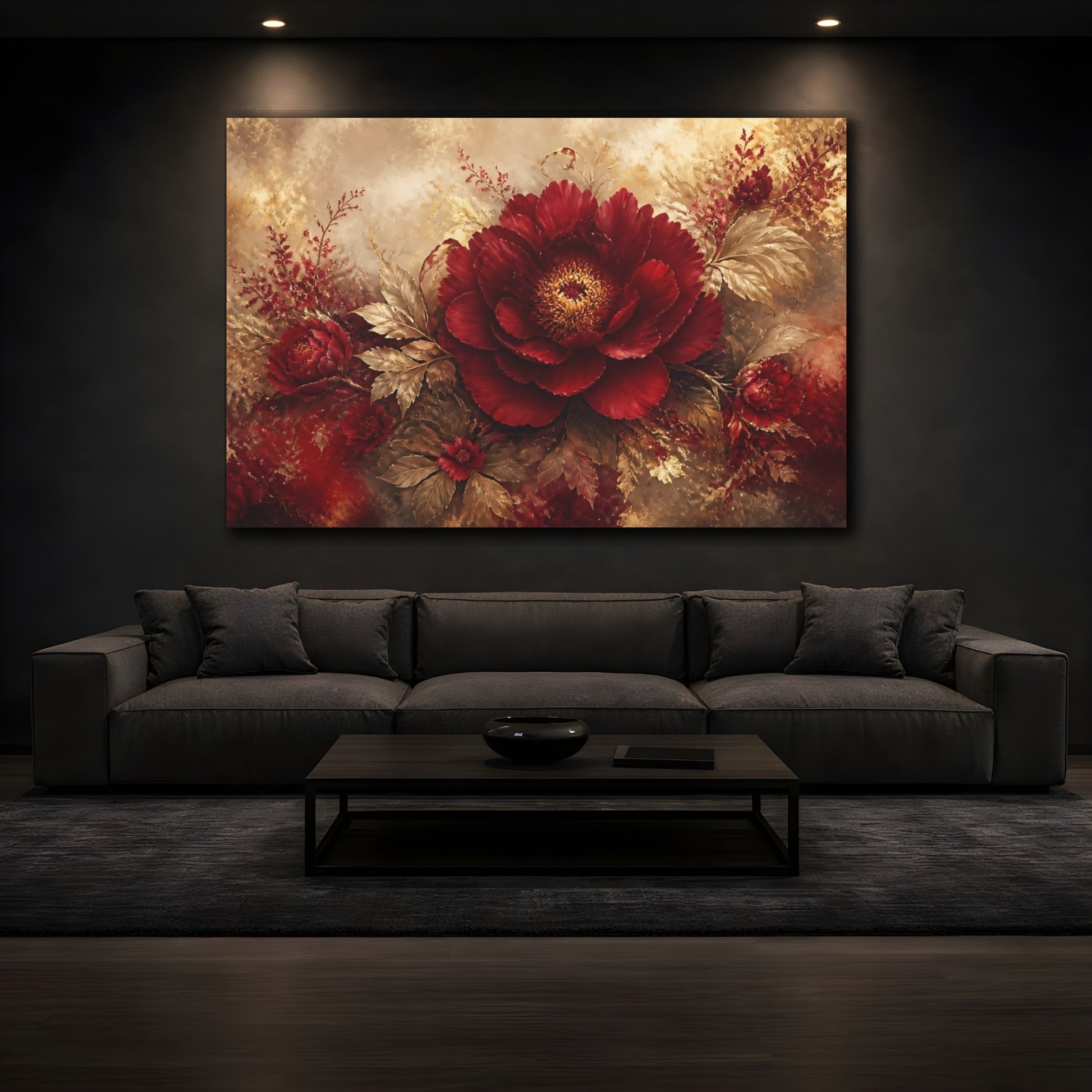 Mockup 3. Ruby Peony In Gold shown as canvas print