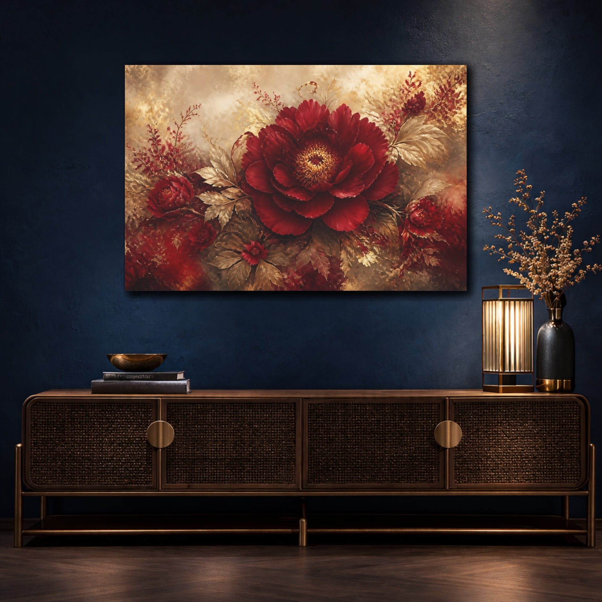 Mockup 4. Ruby Peony In Gold shown as canvas print