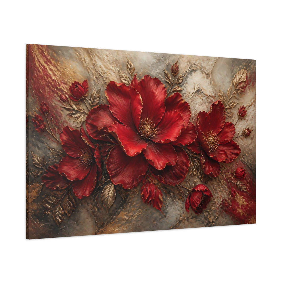 Side Mockup 1. Ruby Sculptural Blooms shown as canvas print