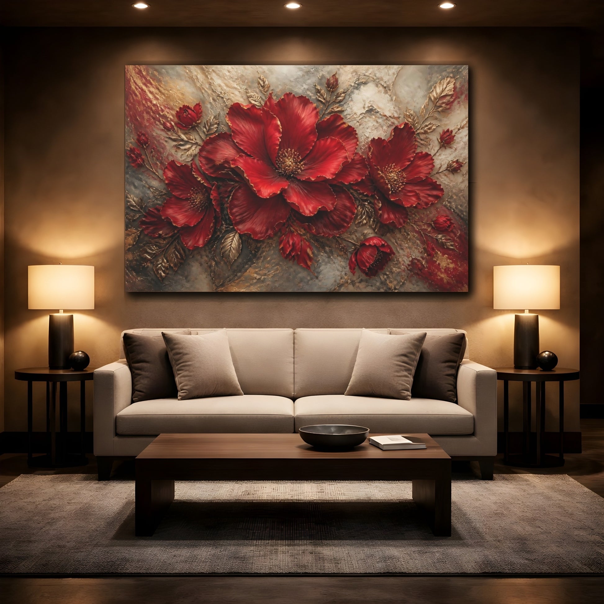 Mockup 2. Ruby Sculptural Blooms shown as canvas print