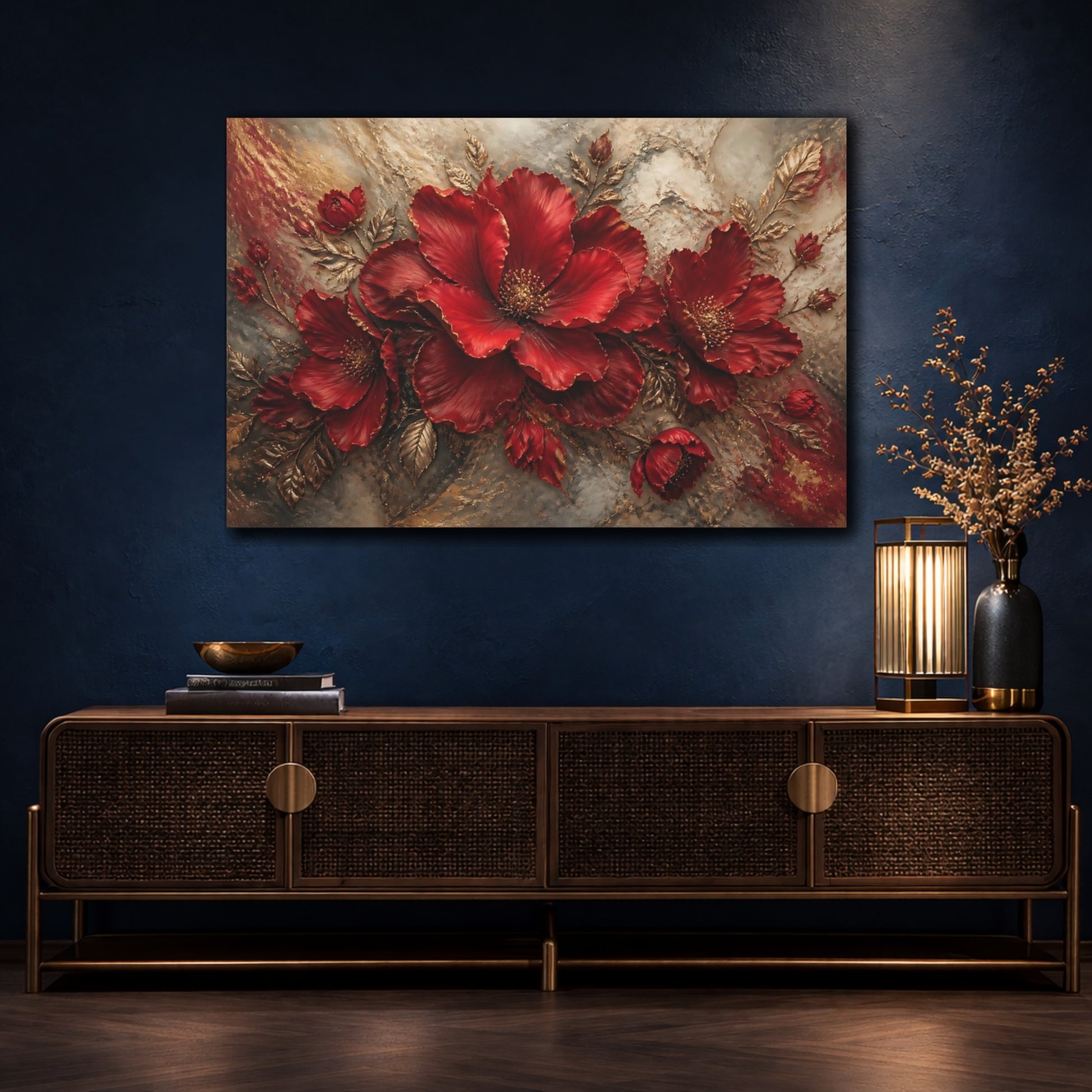 Mockup 4. Ruby Sculptural Blooms shown as canvas print