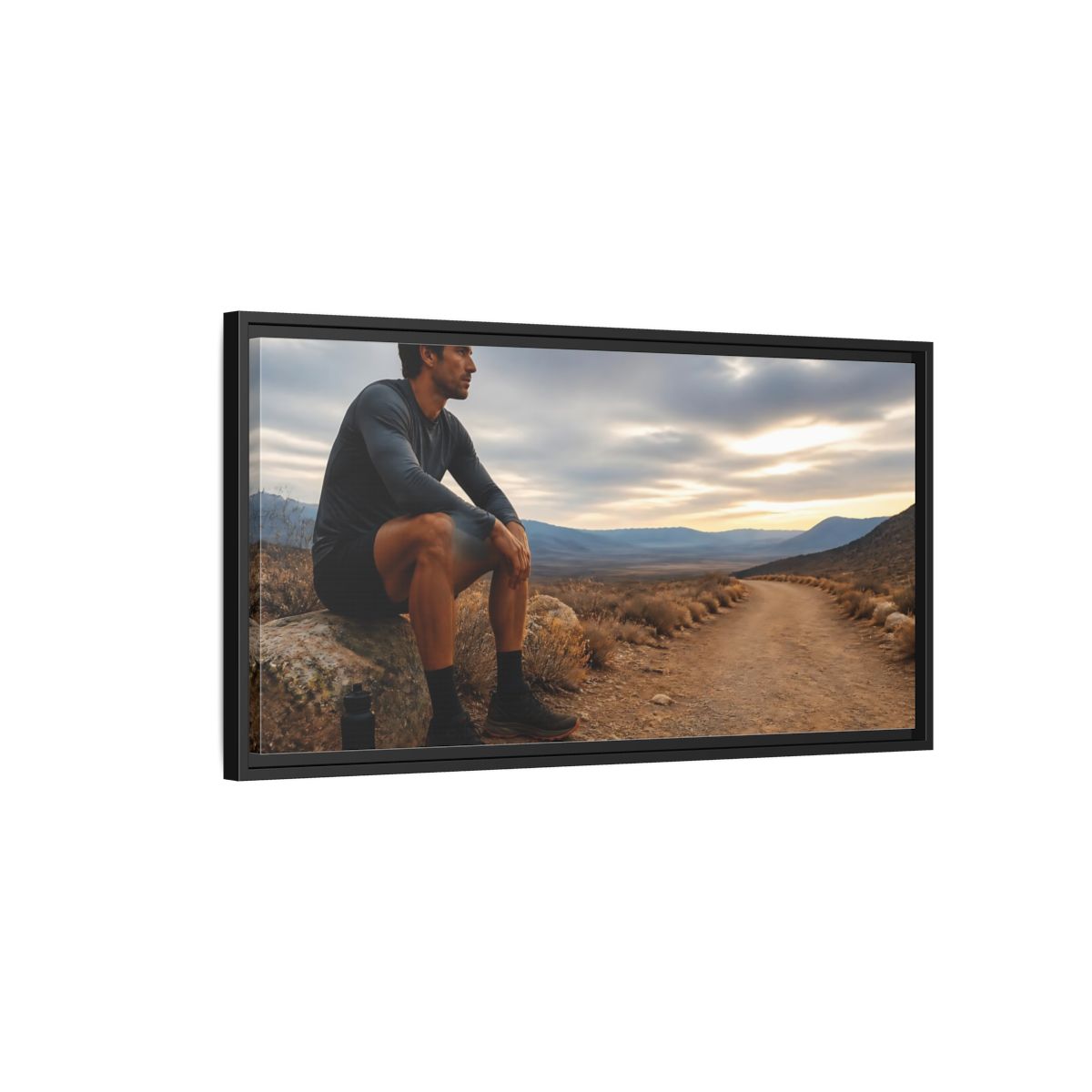 Side Mockup 2. Runner On Desert Trail shown as framed canvas print