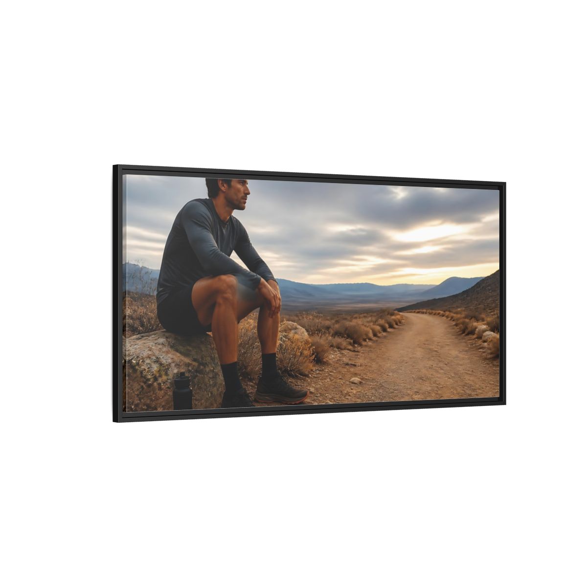 Side Mockup 5. Runner On Desert Trail shown as framed canvas print