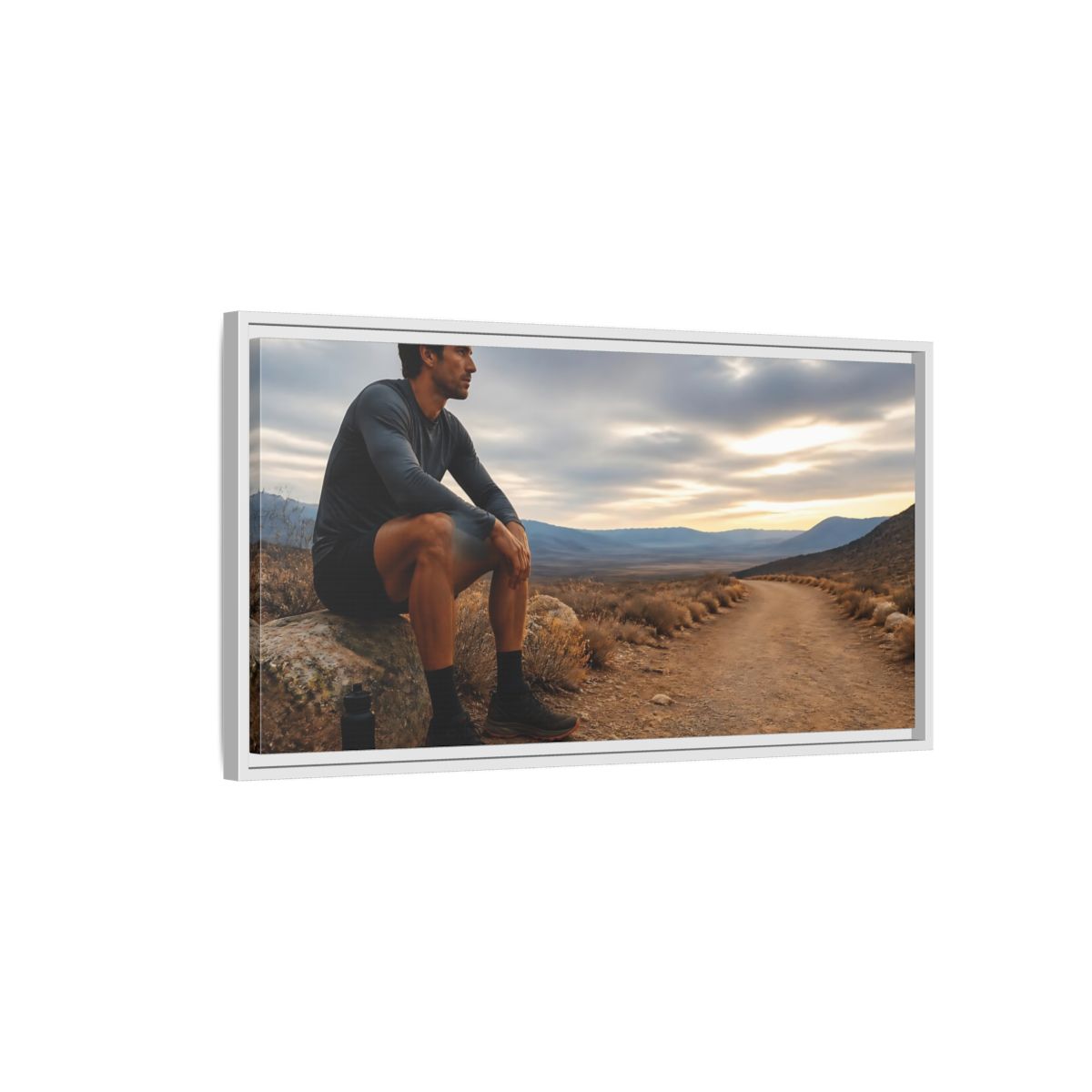 Side Mockup 1. Runner On Desert Trail shown as framed canvas print