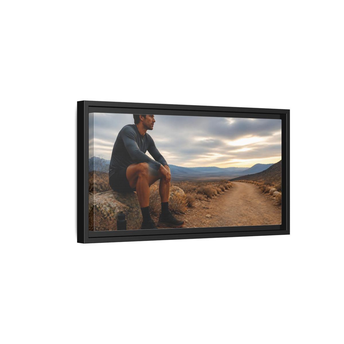 Side Mockup 8. Runner On Desert Trail shown as framed canvas print