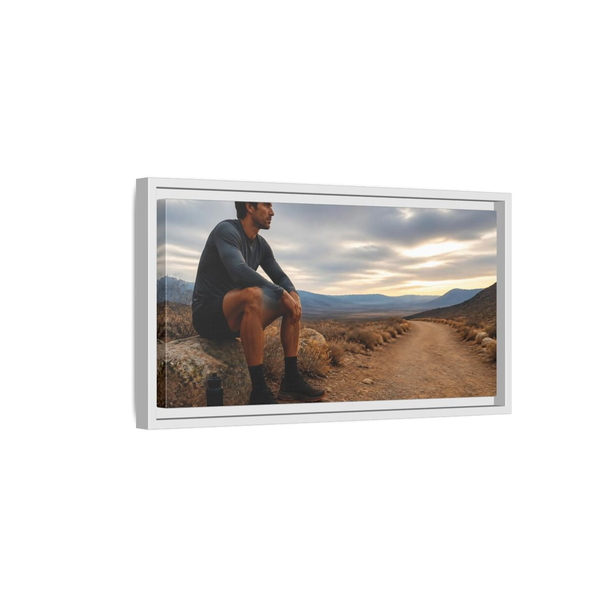 Side Mockup 6. Runner On Desert Trail shown as framed canvas print