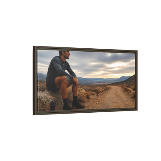 Main Mockup. Runner On Desert Trail shown as framed canvas print