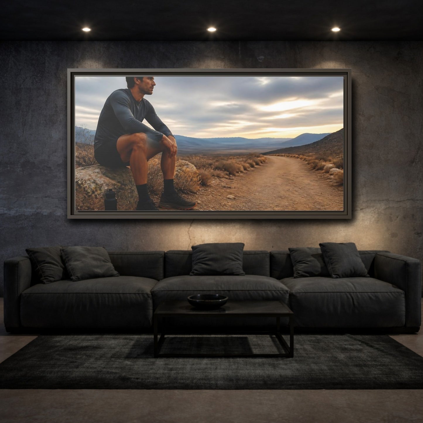 Mockup 3. Runner On Desert Trail shown as framed canvas print