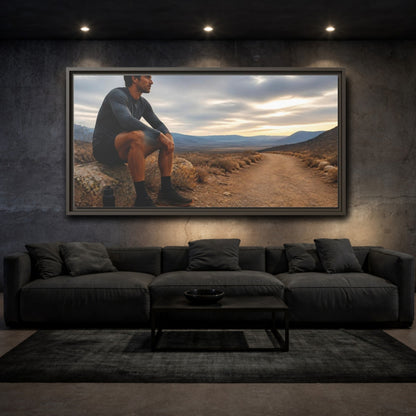 Mockup 3. Runner On Desert Trail shown as framed canvas print