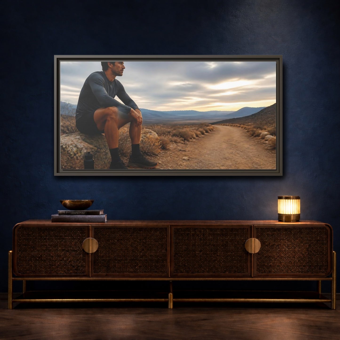 Mockup 4. Runner On Desert Trail shown as framed canvas print