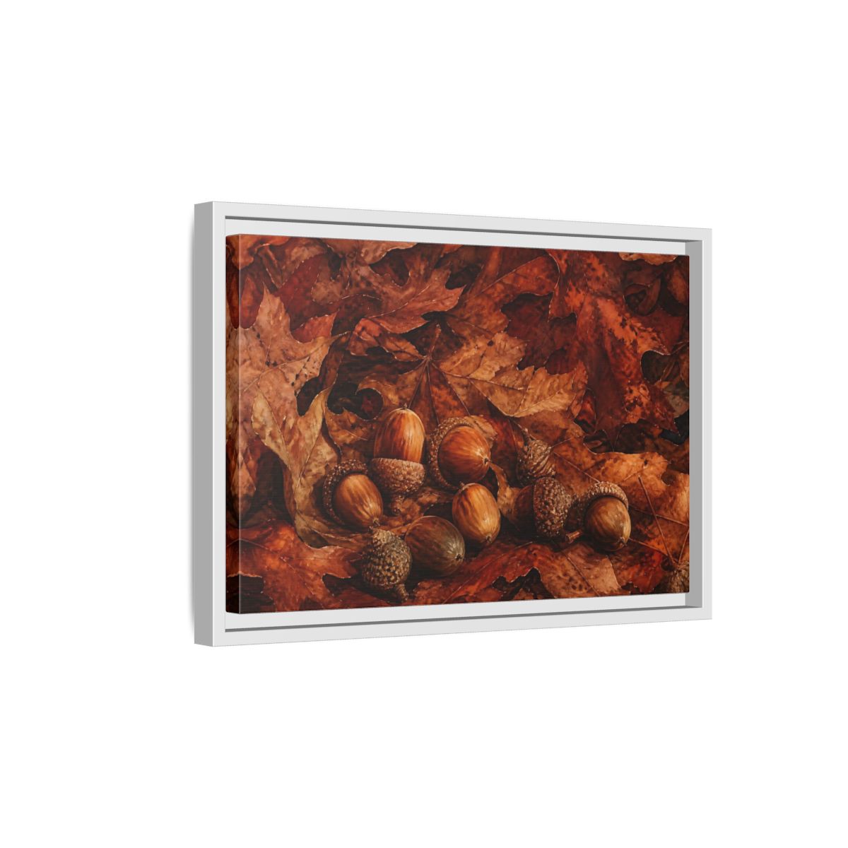 Side Mockup 4. Russet Oak Acorns shown as framed canvas print