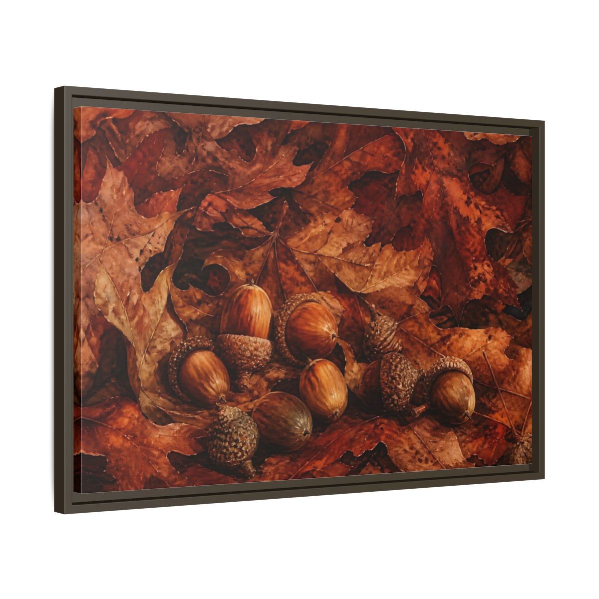 Side Mockup 11. Russet Oak Acorns shown as framed canvas print