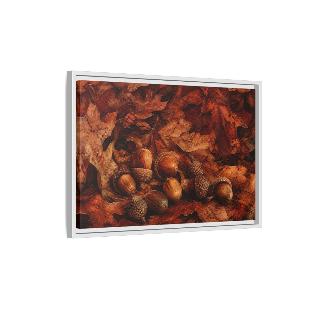 Side Mockup 1. Russet Oak Acorns shown as framed canvas print