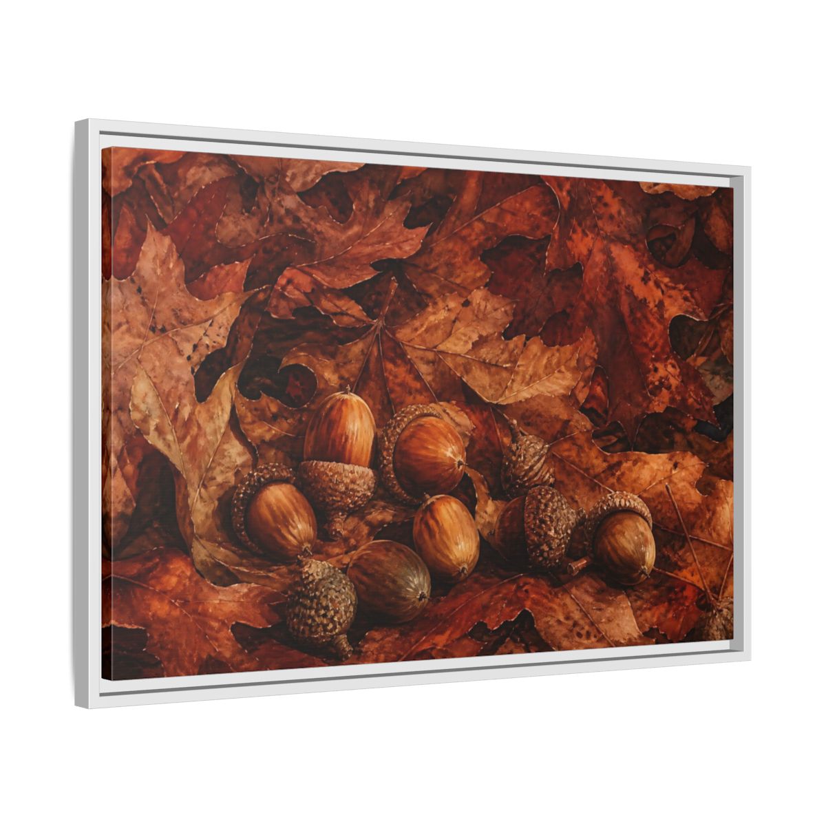 Side Mockup 10. Russet Oak Acorns shown as framed canvas print