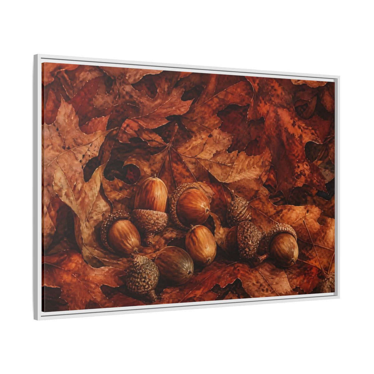 Side Mockup 7. Russet Oak Acorns shown as framed canvas print