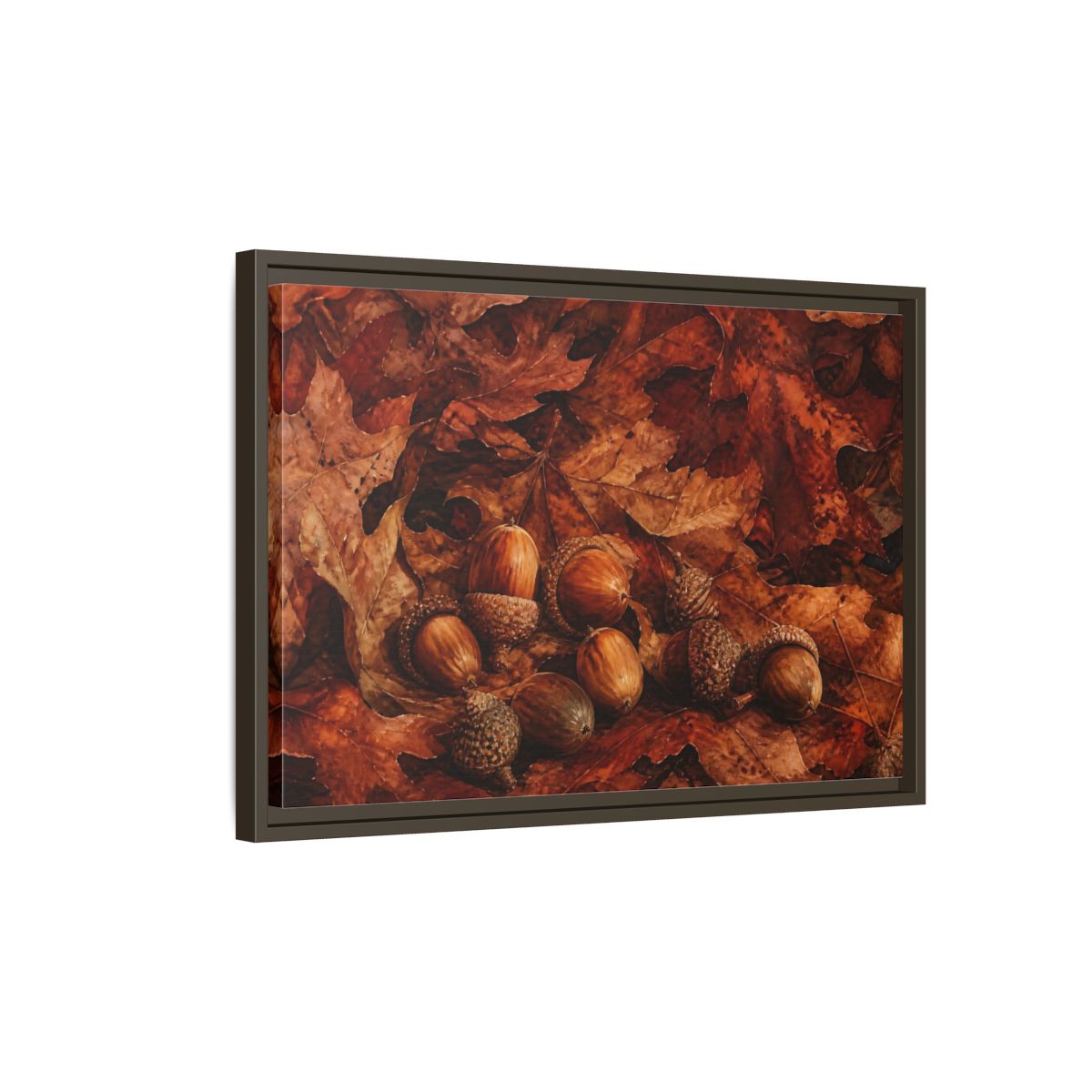 Side Mockup 2. Russet Oak Acorns shown as framed canvas print