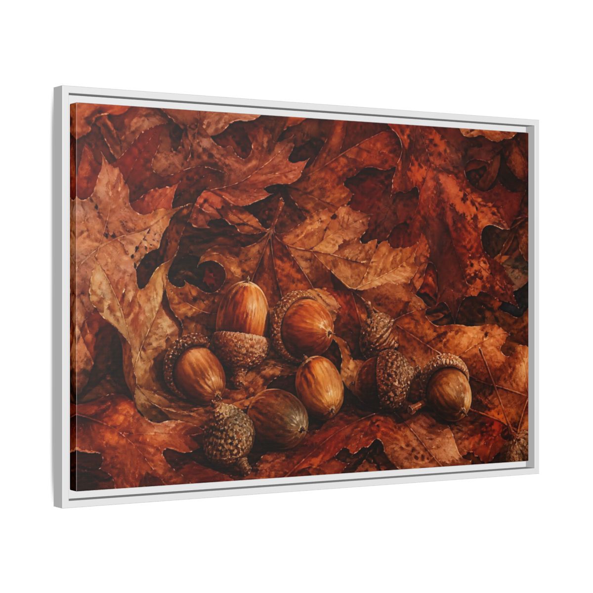 Side Mockup 9. Russet Oak Acorns shown as framed canvas print