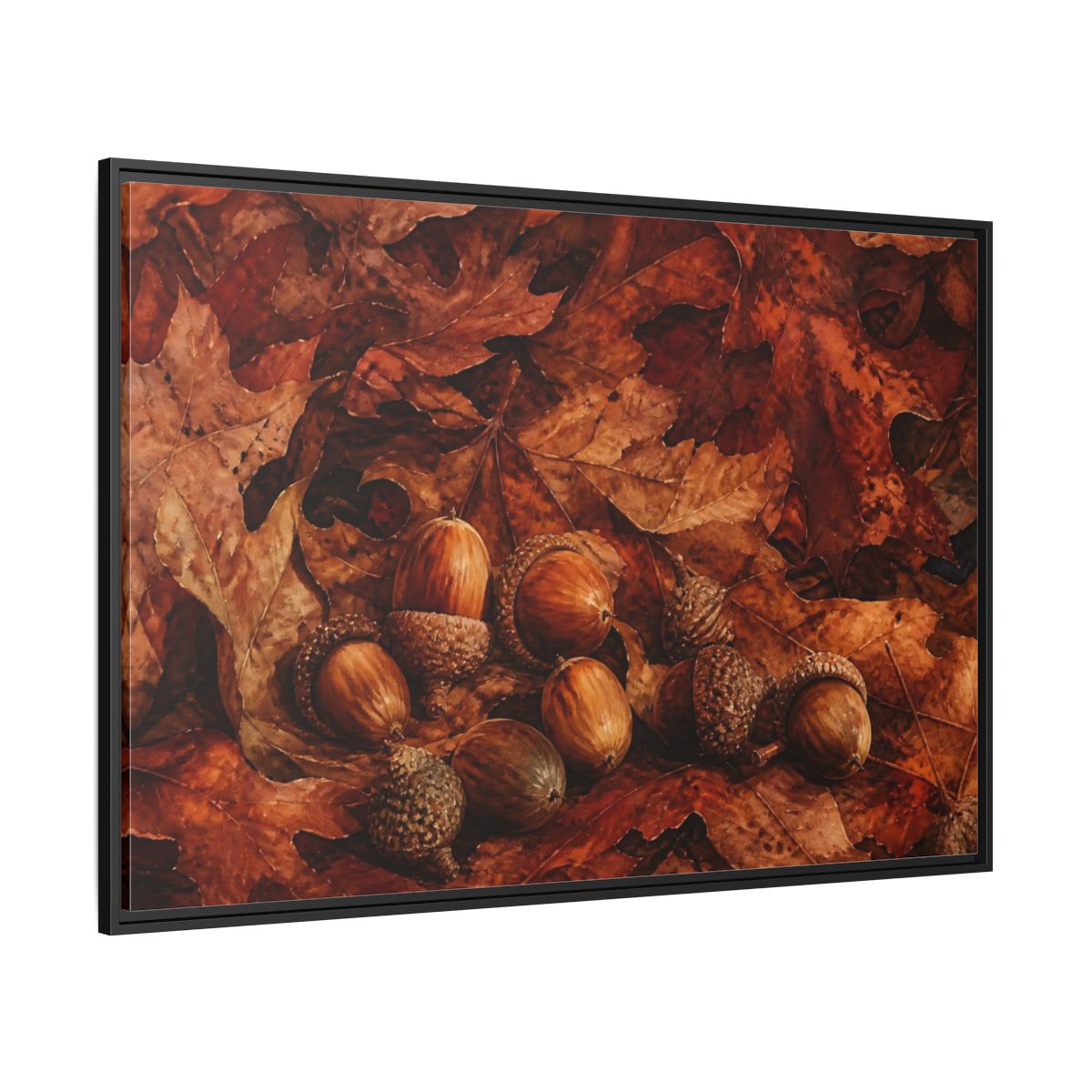 Side Mockup 12. Russet Oak Acorns shown as framed canvas print
