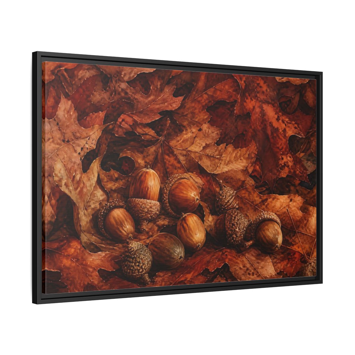 Side Mockup 13. Russet Oak Acorns shown as framed canvas print