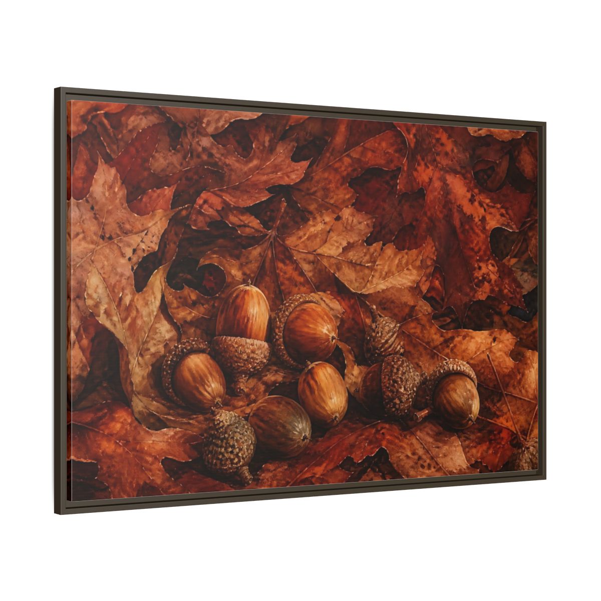 Side Mockup 8. Russet Oak Acorns shown as framed canvas print