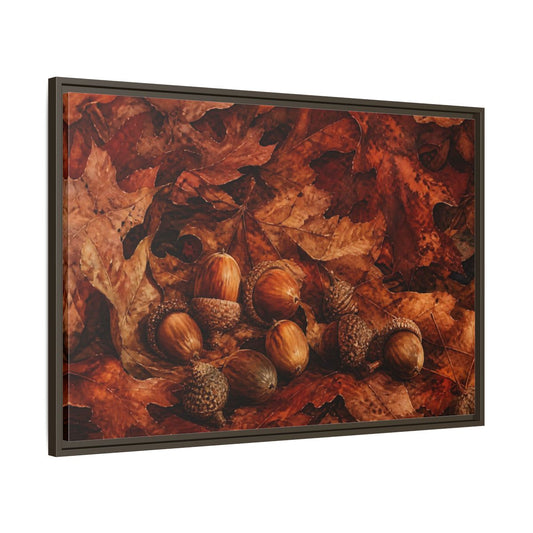 Main Mockup. Russet Oak Acorns shown as framed canvas print