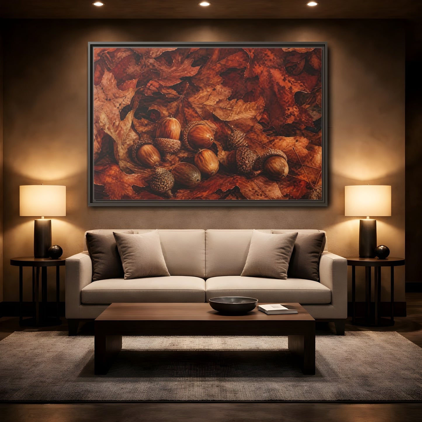 Mockup 2. Russet Oak Acorns shown as framed canvas print