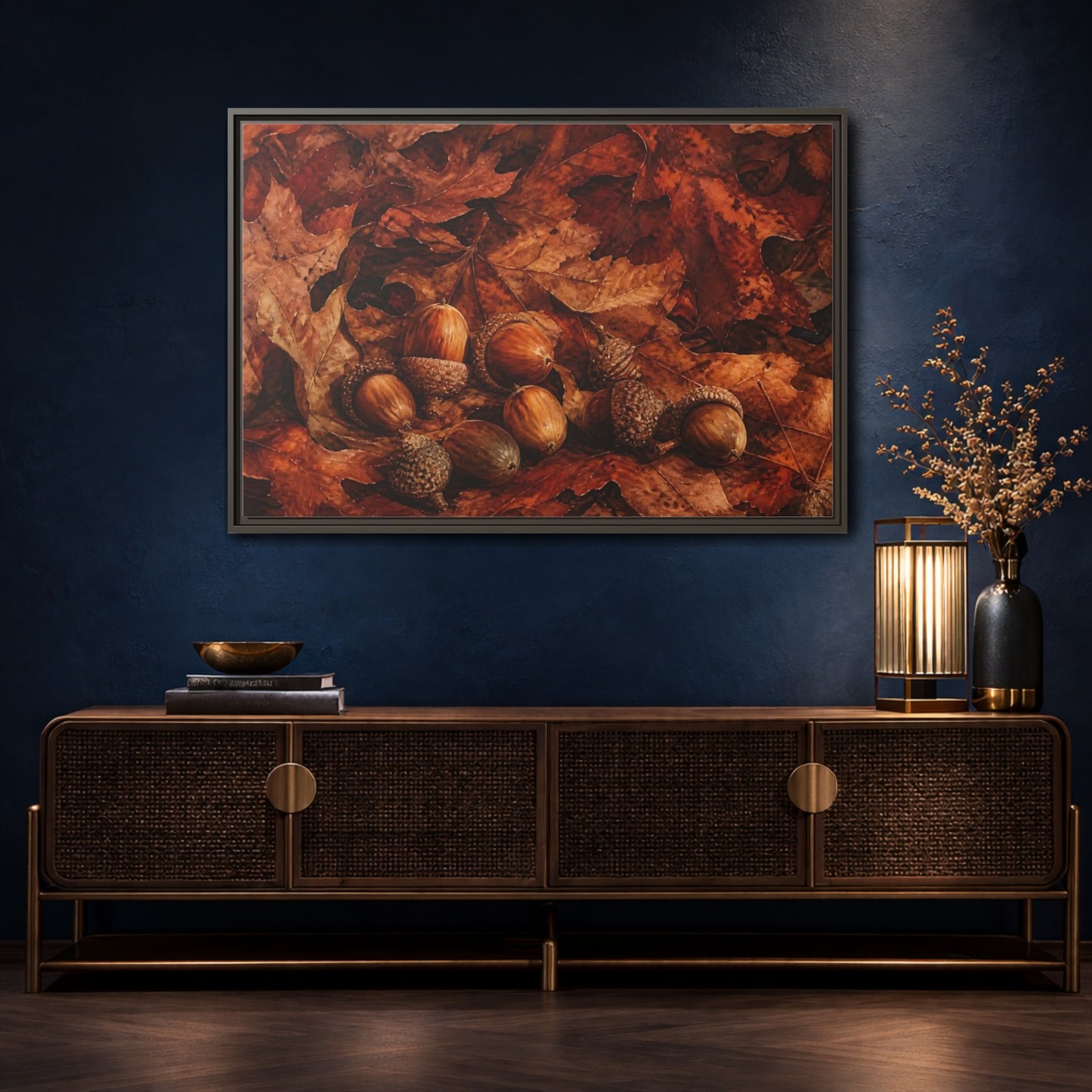 Mockup 4. Russet Oak Acorns shown as framed canvas print