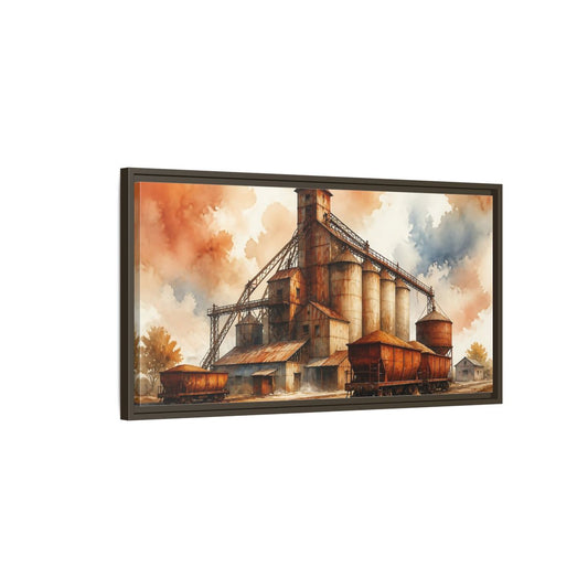 Main Mockup. Rusted Grain Silos & Railcars shown as framed canvas print