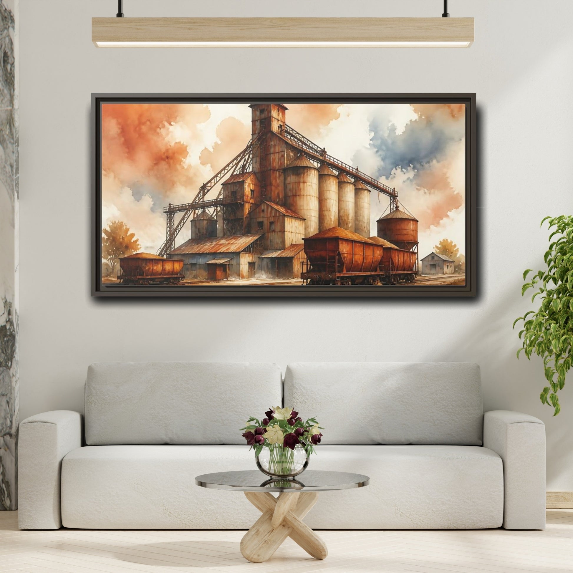 Mockup 2. Rusted Grain Silos & Railcars shown as framed canvas print