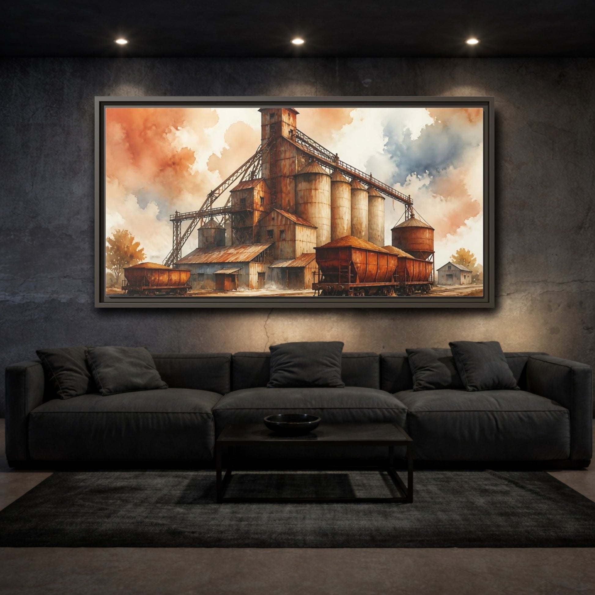 Mockup 3. Rusted Grain Silos & Railcars shown as framed canvas print