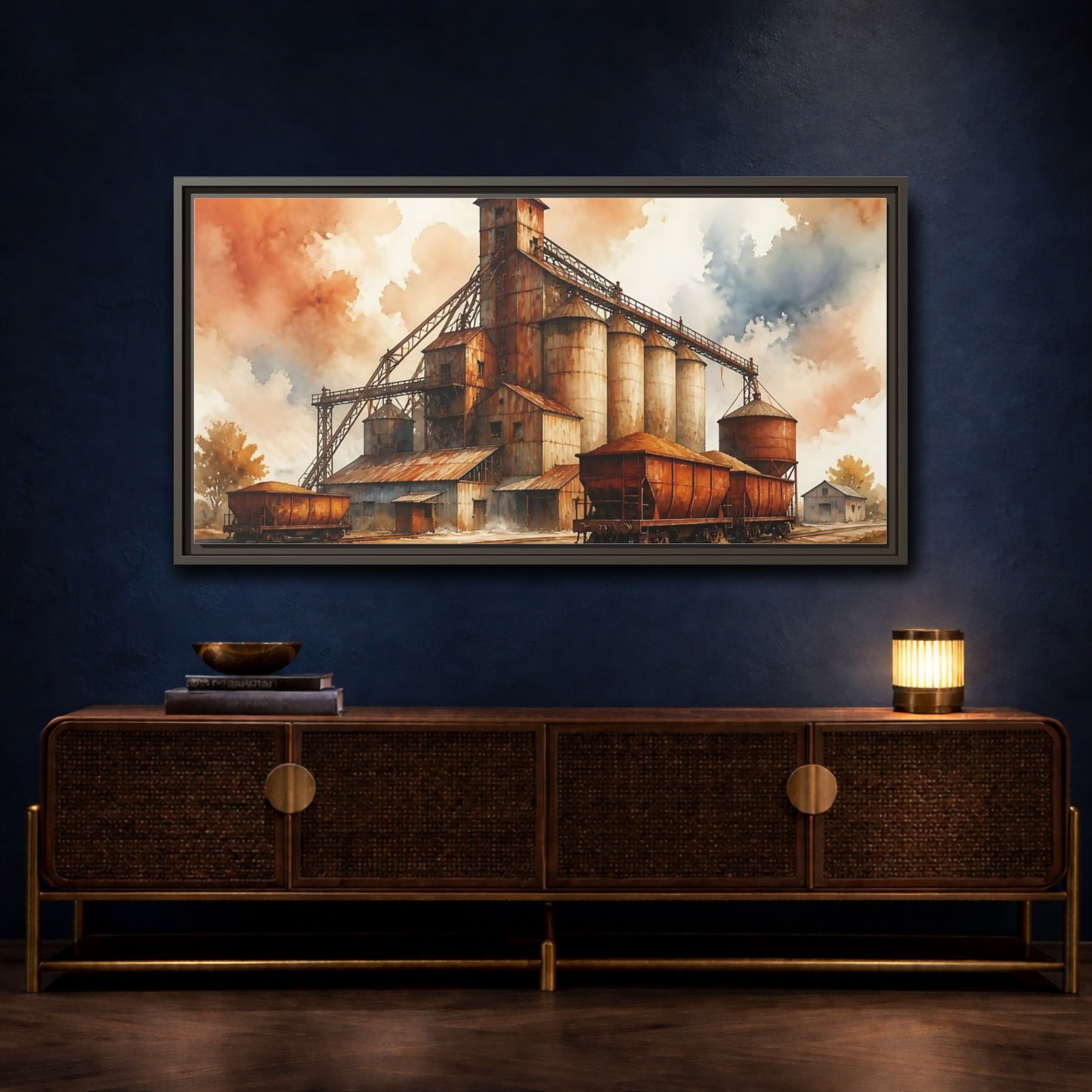 Mockup 4. Rusted Grain Silos & Railcars shown as framed canvas print