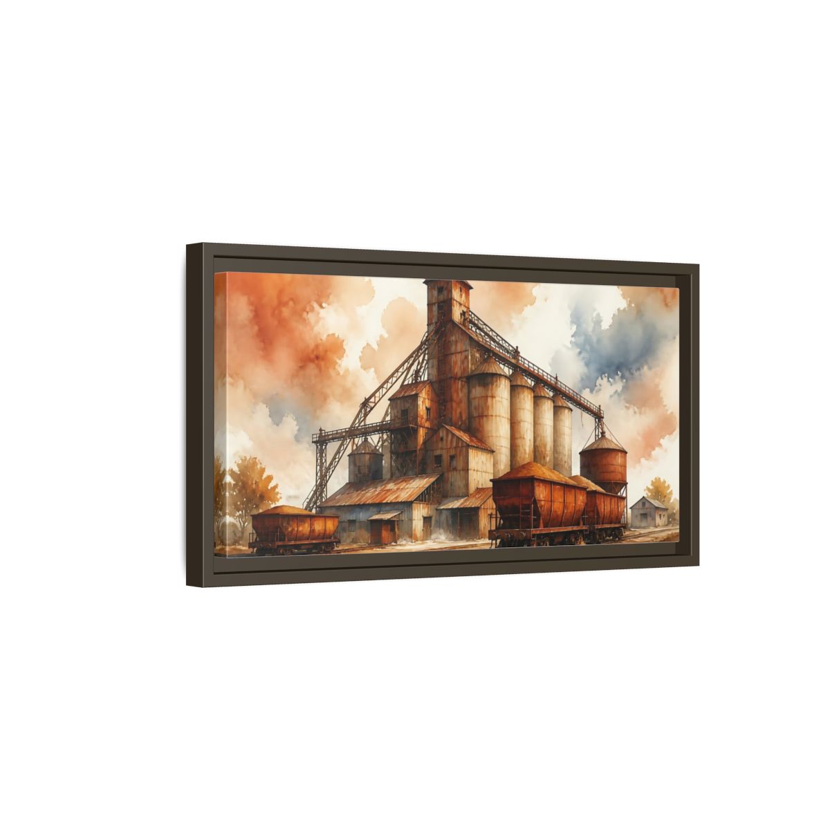 Side Mockup 7. Rusted Grain Silos & Railcars shown as framed canvas print