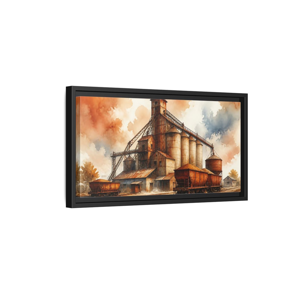 Side Mockup 8. Rusted Grain Silos & Railcars shown as framed canvas print