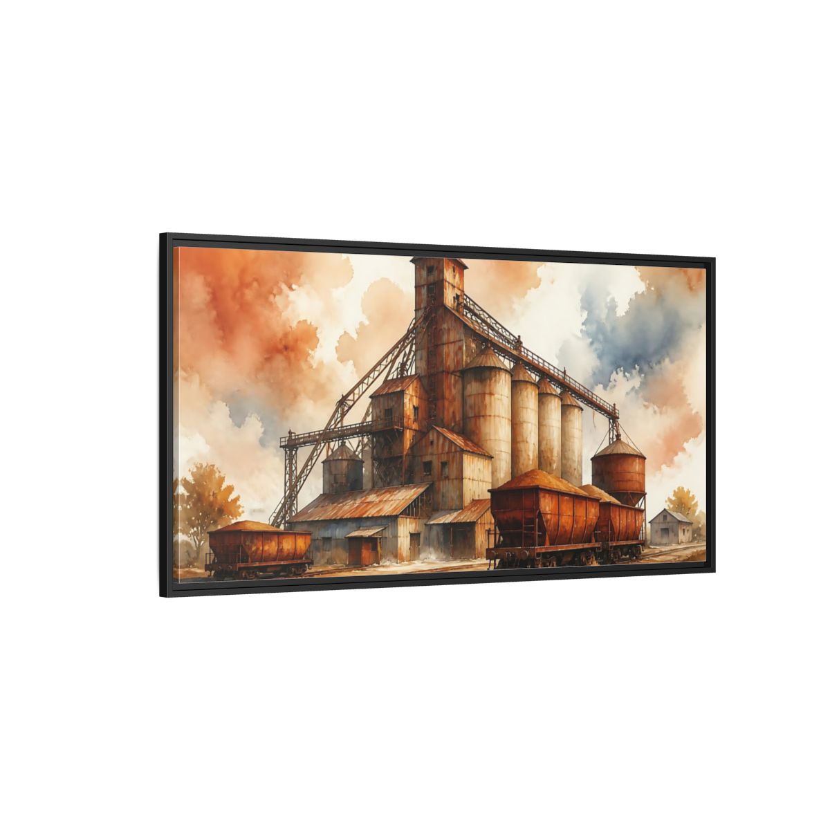 Side Mockup 5. Rusted Grain Silos & Railcars shown as framed canvas print