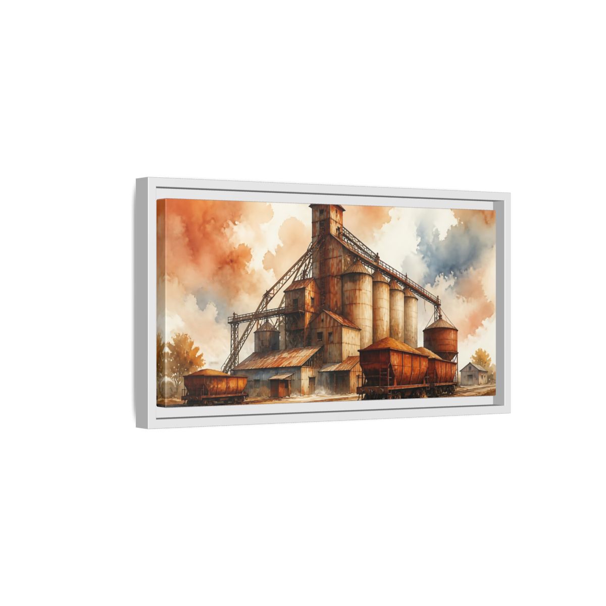 Side Mockup 6. Rusted Grain Silos & Railcars shown as framed canvas print