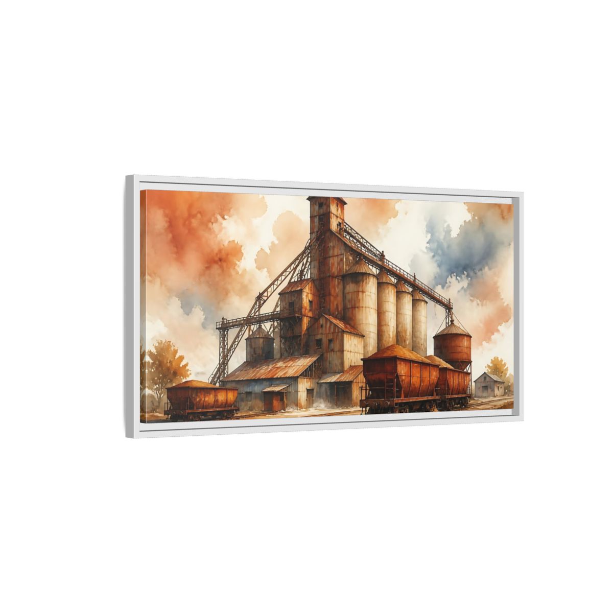 Side Mockup 1. Rusted Grain Silos & Railcars shown as framed canvas print