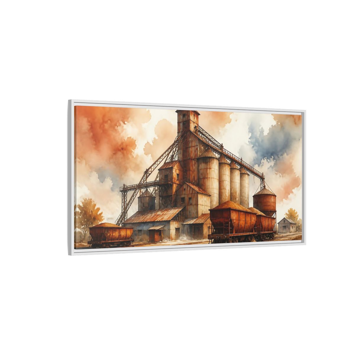 Side Mockup 3. Rusted Grain Silos & Railcars shown as framed canvas print