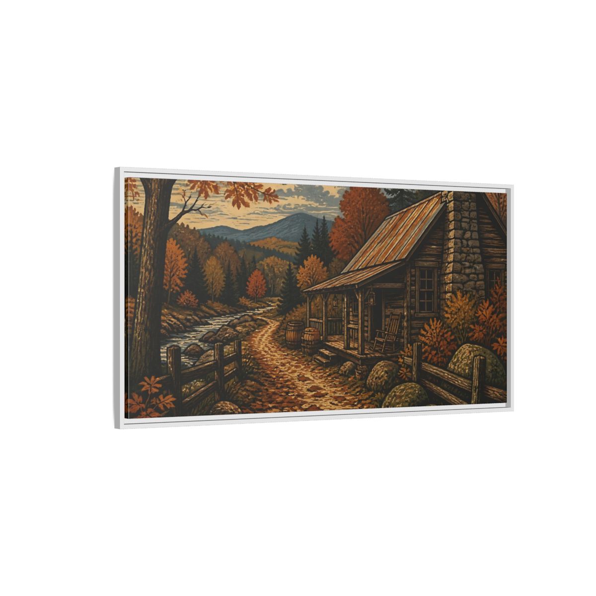 Side Mockup 3. Rustic Autumn Cabin Path shown as framed canvas print