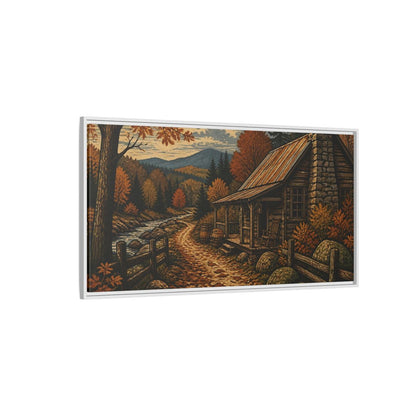 Side Mockup 3. Rustic Autumn Cabin Path shown as framed canvas print
