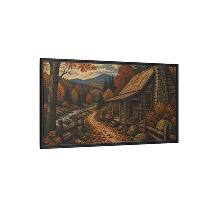 Side Mockup 5. Rustic Autumn Cabin Path shown as framed canvas print